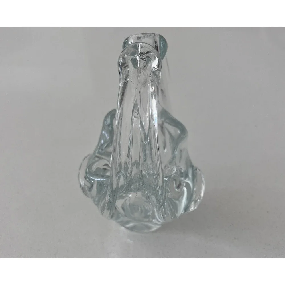 Vtg Hand Blown Clear‎ Glass Basket Split Handle Candy Dish Ashtray 7.5